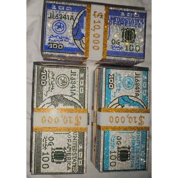 Bundle of 3 Rhinestone Dollar Bill Sparkle Clutch Purses $100 Money Evening Bags - Picture 1 of 10